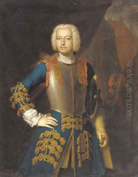 Portrait of a gentleman, three-quarter-length, in a blue and gold embroidered coat and a breastplate, a view of a military encampment beyond Oil Painting by Richard van Bleeck