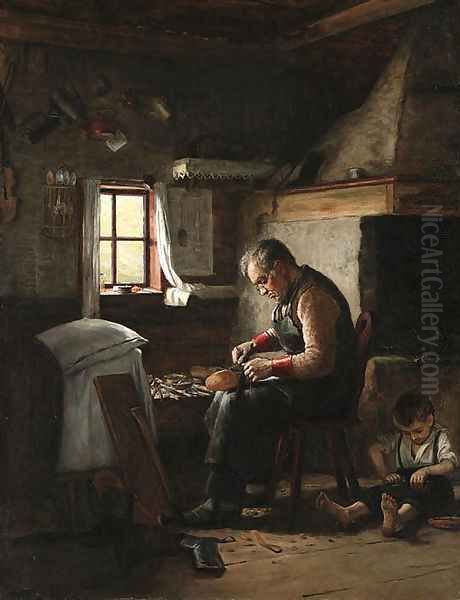 Interior with man and child Oil Painting by Adolf von Becker