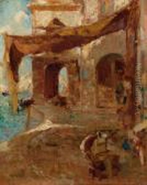 Veduta Del Mercato A Chioggia Oil Painting by Attilio Bozzato