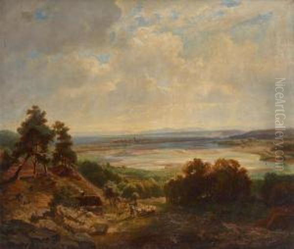 Paysage Avec Troupeau De Moutons En Avant-plan Oil Painting by Eugen Felix Prosper Bracht