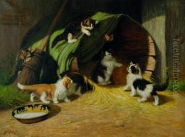 Kittens In The Barnyard Oil Painting by Sydney Lawrence Brackett