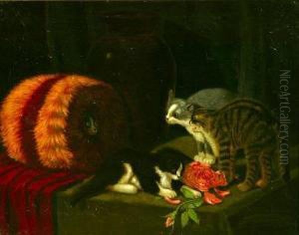 Kittens With Muff And Roses Oil Painting by Sydney Lawrence Brackett