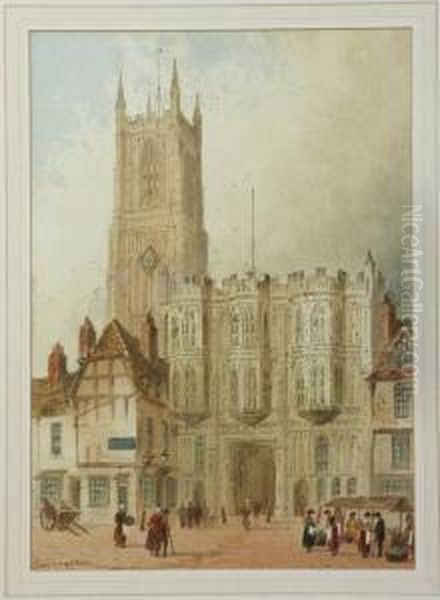 Cathedral Exterior Scene With Figures Trading In The Foreground Oil Painting by Paul Braddon