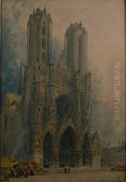 Figures Outside Reims Cathedral Oil Painting by Paul Braddon