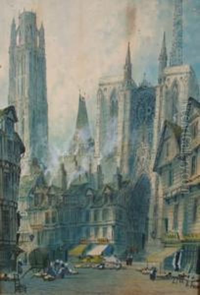 Figures Outside Reims Cathedral Oil Painting by Paul Braddon