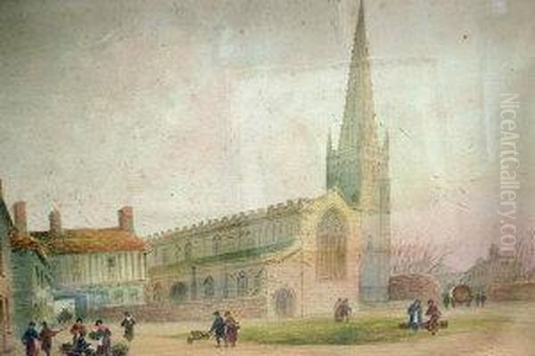 'st Mary's Church, Liecester'; Watercolour, Signed, 38x55cm Oil Painting by Paul Braddon