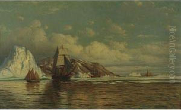 Sailing Ships Off The Coast With Icebergs Oil Painting by William Bradford