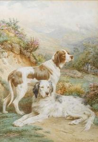 An English Setter And A Pointer In Alandscape Oil Painting by Basil Bradley