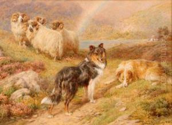 Sheep And Collie Dogs In Highland Setting Oil Painting by Basil Bradley