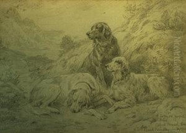 Study Of Three Setters In A Landscape Oil Painting by Basil Bradley