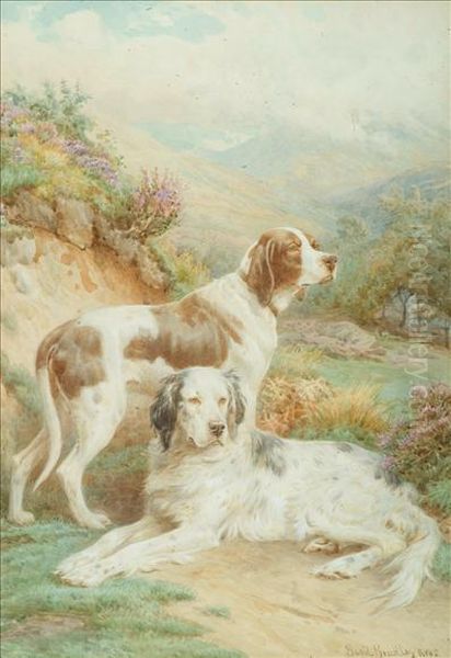 Two Setters In A Landscape Oil Painting by Basil Bradley