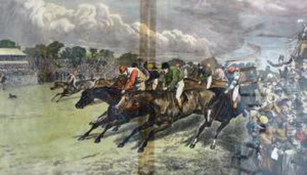 The Derby At The Starting Post Rounding Tattenham Corner Oil Painting by Basil Bradley