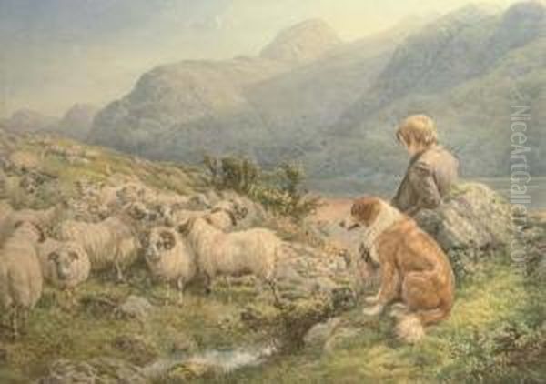 A Shepherd With His Dog And Flock By A Loch Oil Painting by Basil Bradley