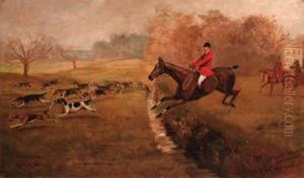 Over The Brook, The Cambridgeshire Hunt Oil Painting by Cuthbert Bradley