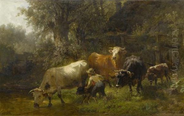 Cows Watering Oil Painting by Anton Braith