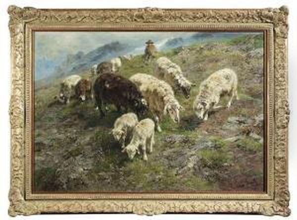 Flock Of Sheep Inmountainous Landscape Oil Painting by Anton Braith