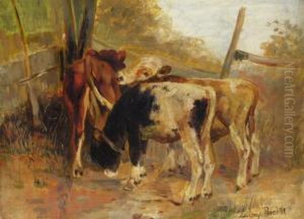 Drei Kalber In Einer Koppelabsperrung Oil Painting by Anton Braith