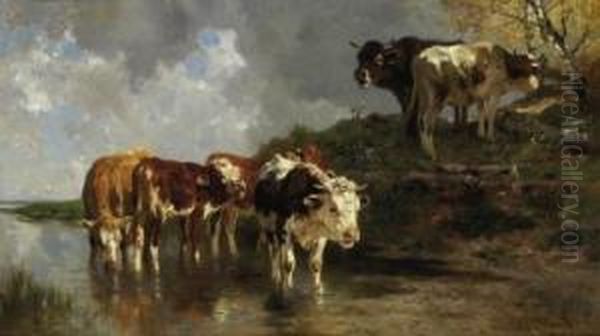 Livestock By The Trough. Signed And Dated Bottom Right: Anton Braith Munchen 1883 Oil Painting by Anton Braith