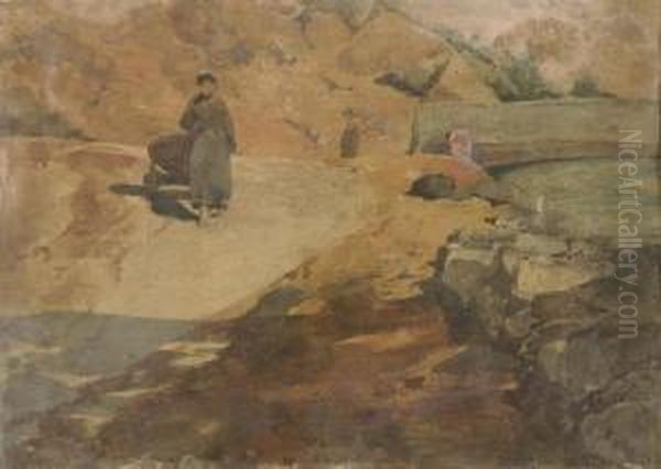 Bauerin Mit Karren Auf Einem Weg Im Gebirge. Oil Painting by Anton Braith