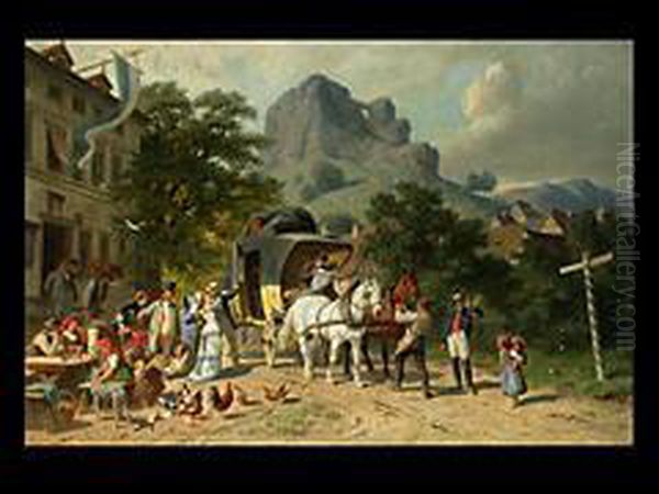 Die Verabschiedung An Der Postkutsche Vor Dem Wirtshaus Oil Painting by Anton Braith