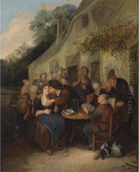 Peasants Gathered Outside A 
Tavern With A Man Reading A Paper, An Amorous Couple, And A Fiddler In 
The Background Oil Painting by Richard Brakenburgh