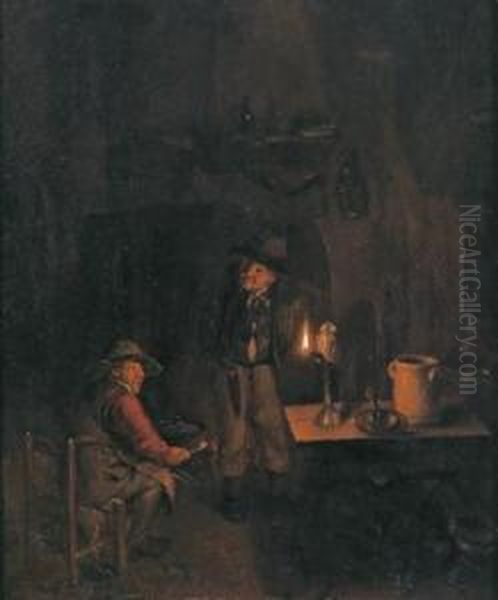 Interno Illuminato Da Candele Con Due Uomini Oil Painting by Richard Brakenburgh