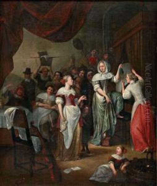 Binnenhuis Met Vele Figuren En Elegante Vrouwen Bij Een Bedstede Oil Painting by Richard Brakenburgh