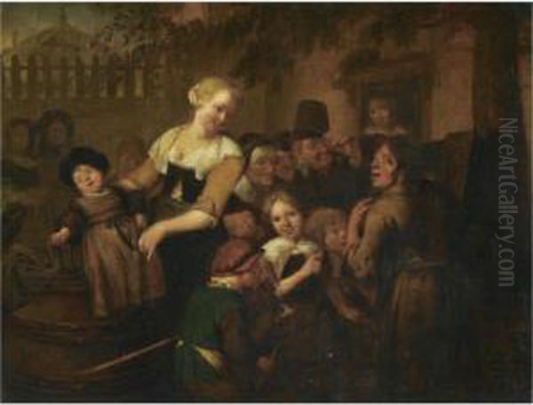 A Village Scene With Children And Villagers Gathered Around A Travelling Entertainer Oil Painting by Richard Brakenburgh