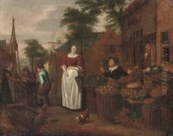 A Market Scene With Figures Selling Fruit Oil Painting by Richard Brakenburgh