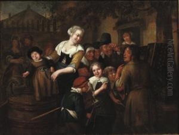 A Street Pedlar Showing His Wares To A Group Of Children Oil Painting by Richard Brakenburgh