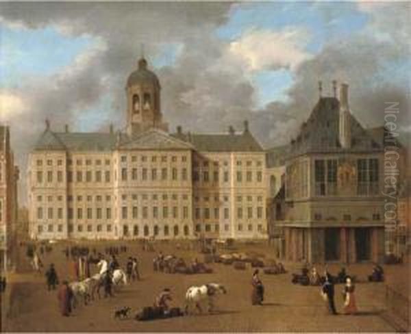 The Dam, With The Town Hall And The 'waag', Amsterdam Oil Painting by Richard Brakenburgh