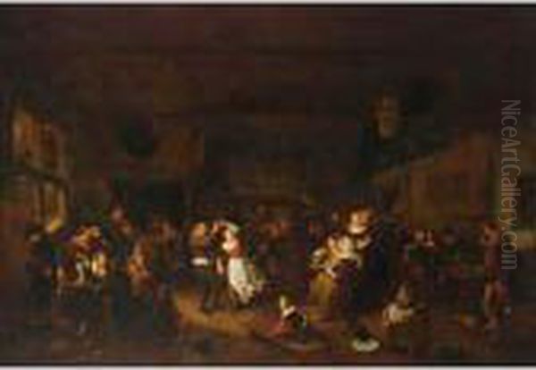 A Peasant Feast In An Inn, With A
 Couple Dancing And Other Peasants Drinking, Eating And Playing Music 
Together With Children Oil Painting by Richard Brakenburgh