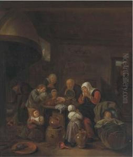 A Kitchen Interior With A Peasant Family Praying Before Ameal Oil Painting by Richard Brakenburgh