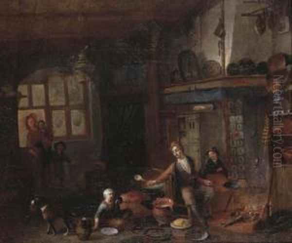 A Domestic Interior With A Family Seated By The Hearth Oil Painting by Richard Brakenburgh