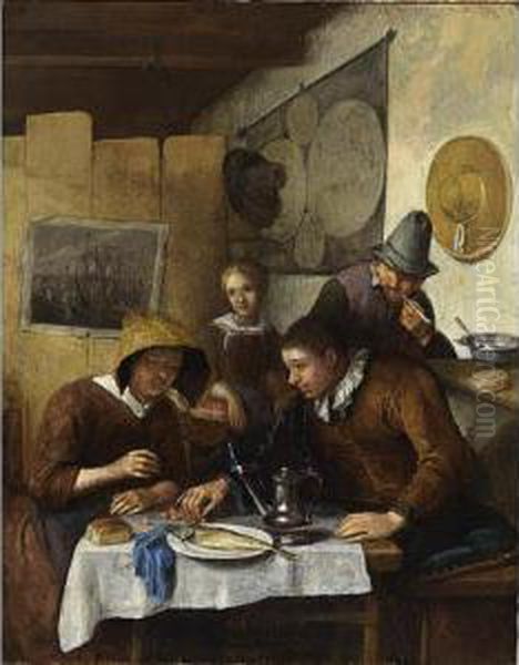 A Family Gathered Around A Table Having Breakfast In An Interior Oil Painting by Richard Brakenburgh