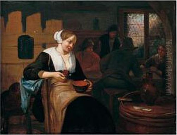 A Tavern Interior With A Lady Eating A Bowl Of Soup, Other Figures By A Window Beyond Oil Painting by Richard Brakenburgh