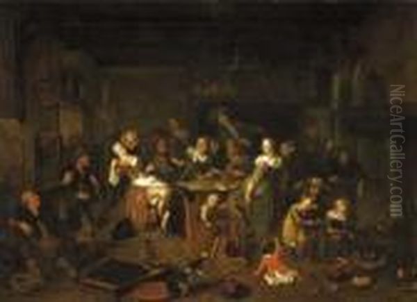 Boors Merry Making In An Inn With A Pancakecook In The Foreground Oil Painting by Richard Brakenburgh