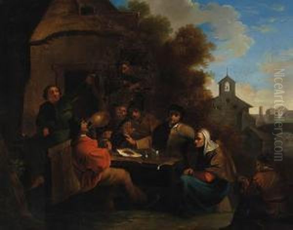 Peasants Seated At A Table Before An Inn Oil Painting by Richard Brakenburgh