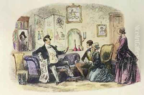 Prince Turveydrop blesses his son and daughter-in-law when they announce their engagement with Esther Summerson looking on Oil Painting by Hablot Knight Browne