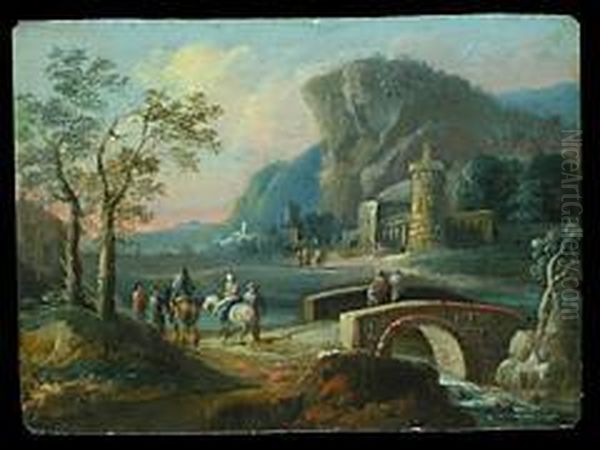 Flusslandschaft Mit Brucke, Burg Und Figurenstaffage Oil Painting by Christian Hilfgott Brand