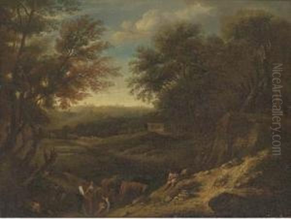 A Wooded Landscape With Drovers And Cattle At Rest By A Pond Oil Painting by Christian Hilfgott Brand