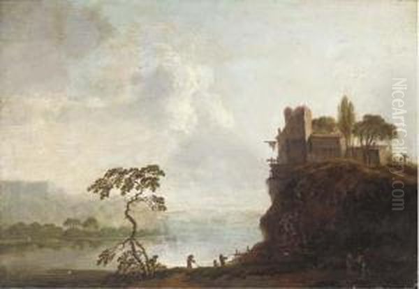 A River Landscape With A Hilltop Village And Anglers In The Foreground Oil Painting by Christian Hilfgott Brand