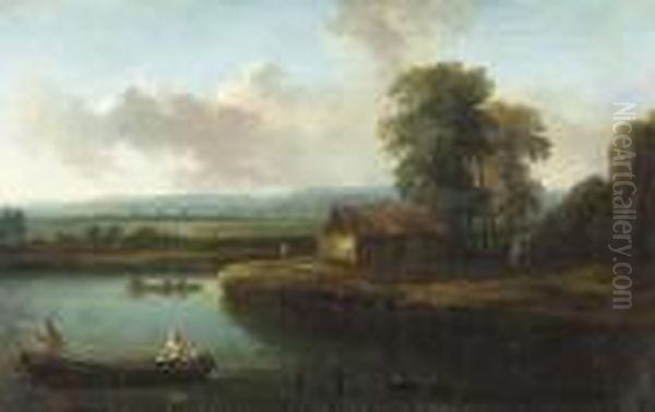 A River Landscape With Peasants In Boats Oil Painting by Christian Hilfgott Brand