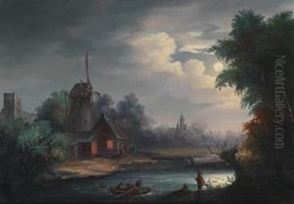 Fluslandschaft Bei Mondschein Mit Kuhnfahrern Oil Painting by Johann Christian Brand