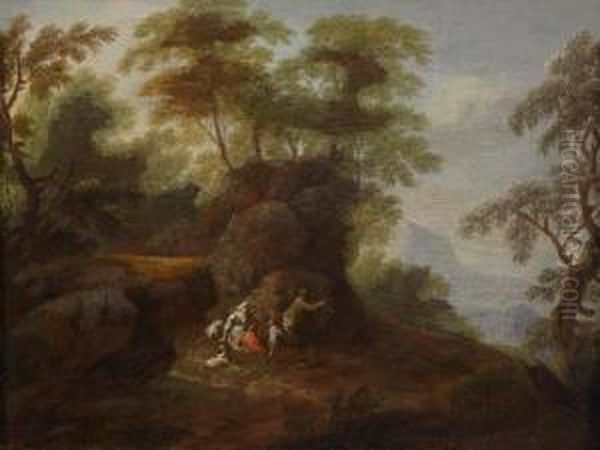 Felsige Waldlandschaft Mit Rastenden Oil Painting by Johann Christian Brand