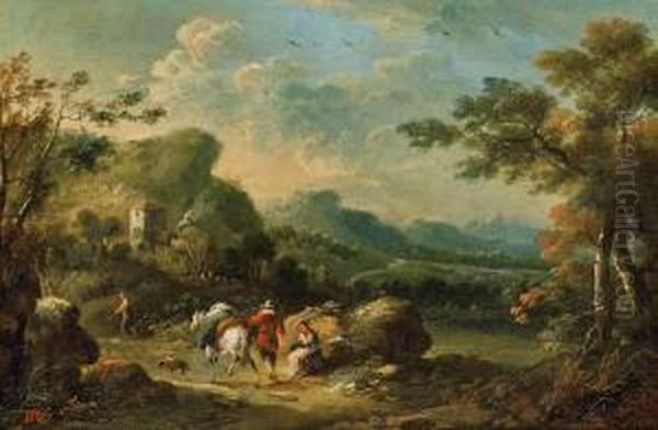 Gebirgige Landschaft Mit Wanderer Und Pferd Oil Painting by Johann Christian Brand