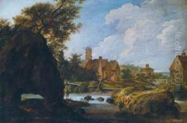 Paesaggio Meridionale Con Un Villaggio Lungo Un Fiumicello Oil Painting by Johann Christian Brand