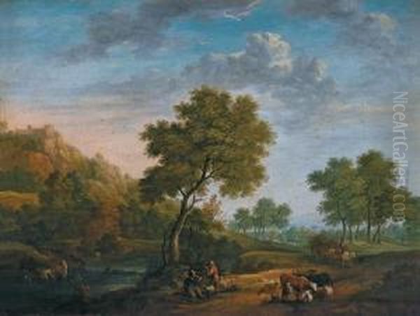 Paesaggio Collinare Alberato Con Figure Di Pastori Oil Painting by Johann Christian Brand