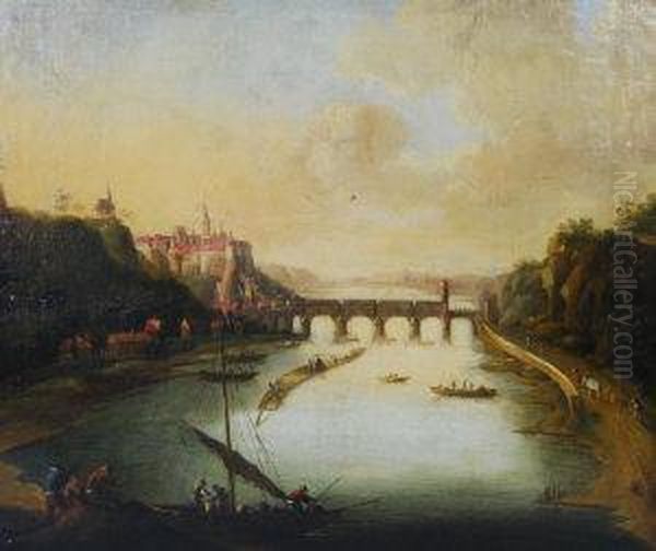 Busy River Landscape With A Hillside Town And An Arched Bridge Oil Painting by Johann Christian Brand