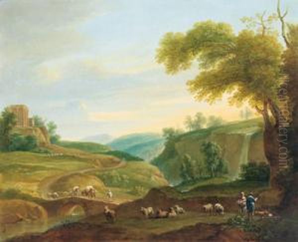 Bewaldete Hugelige Landschaft Mit Hirtenpaar Und Herde Oil Painting by Johann Christian Brand